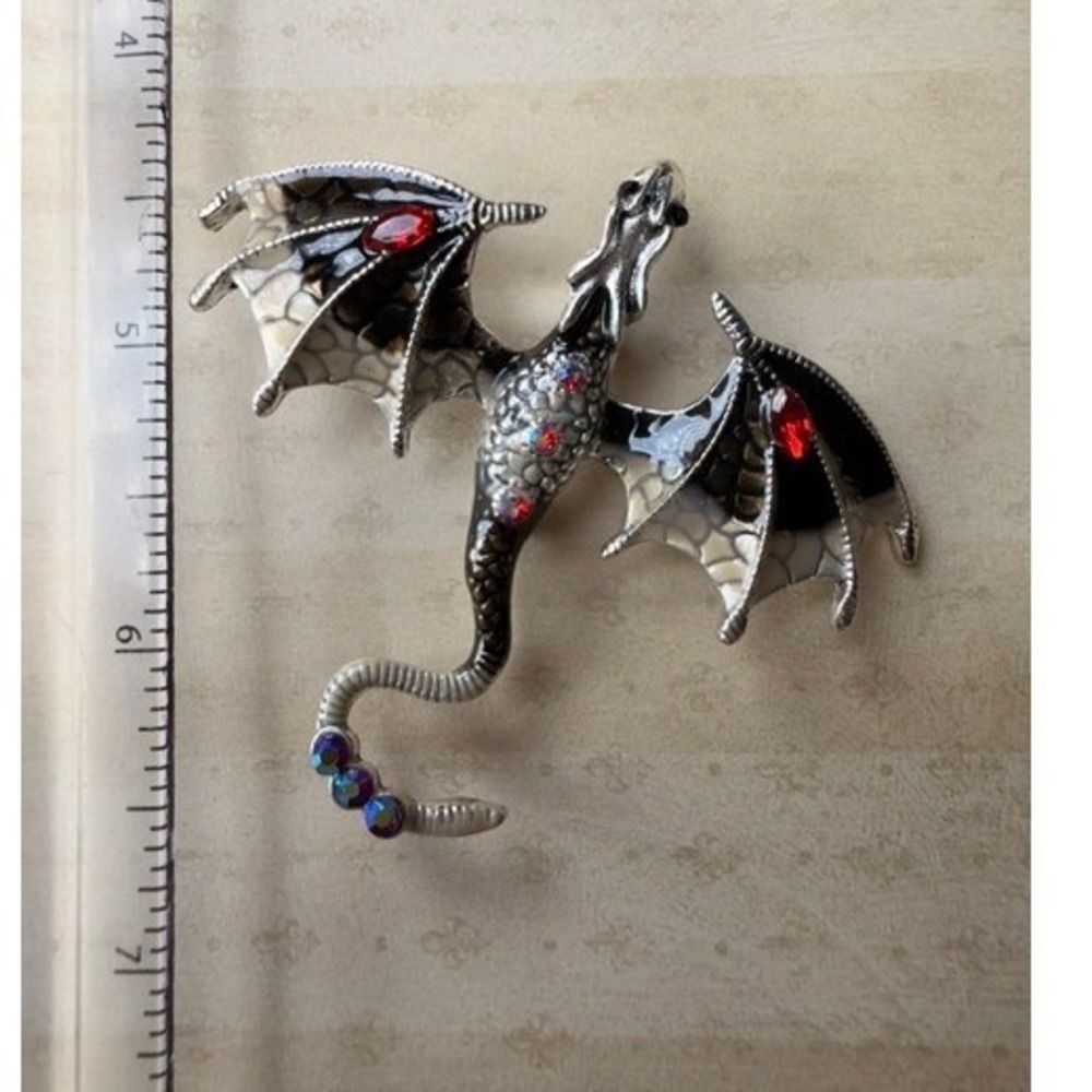 Dragon Brooch Silver Tone Red Rhinestone Black Enamel Winged Figural Pin